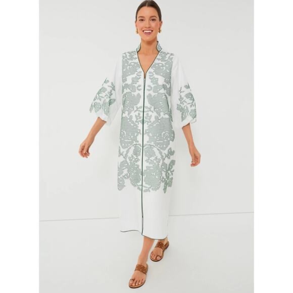 White & Green Embroidery Arem Caftan - Picture 1 of 1